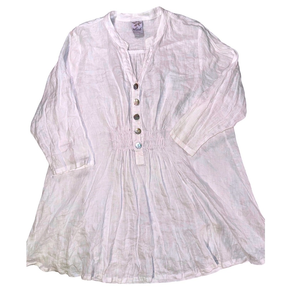 Match Point White 100%‎ Linen Smocked Waist Tunic Top Shell Buttons Women's XL